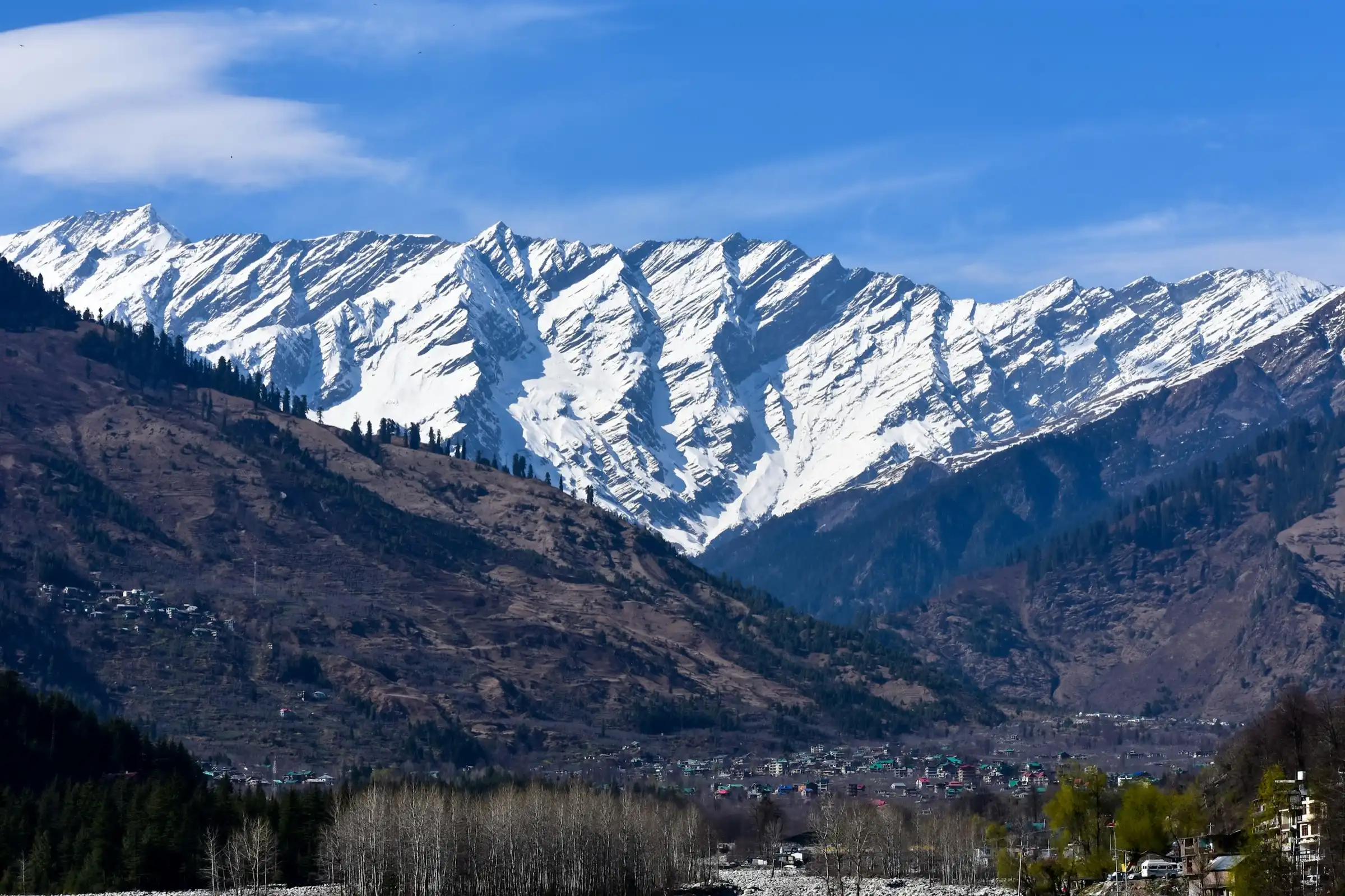 A serrated snow ridge above the winter slopes on the road to Solang, near Manali
